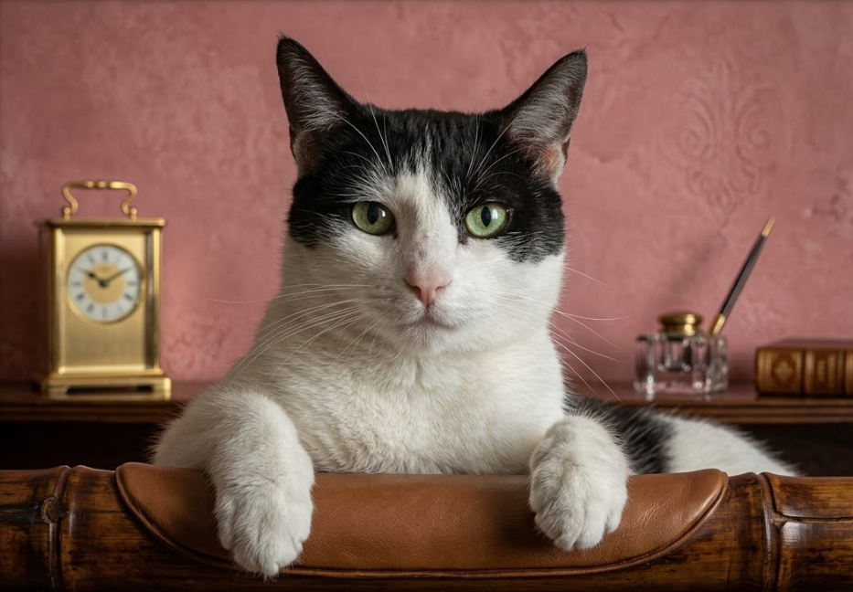 Elegant fat cat sitting on a dark glossy floor